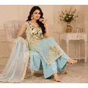 Step into elegance with this luxurious sky blue and gold embroidered palazzo suit set featuring intricate floral embroidery, a beautifully crafted kurta, matching palazzo pants, and a graceful org(2).webp