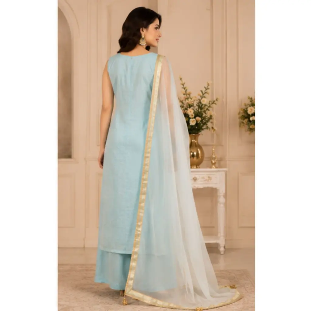 Step into elegance with this luxurious sky blue and gold embroidered palazzo suit set featuring intricate floral embroidery, a beautifully crafted kurta, matching palazzo pants, and a graceful org.webp