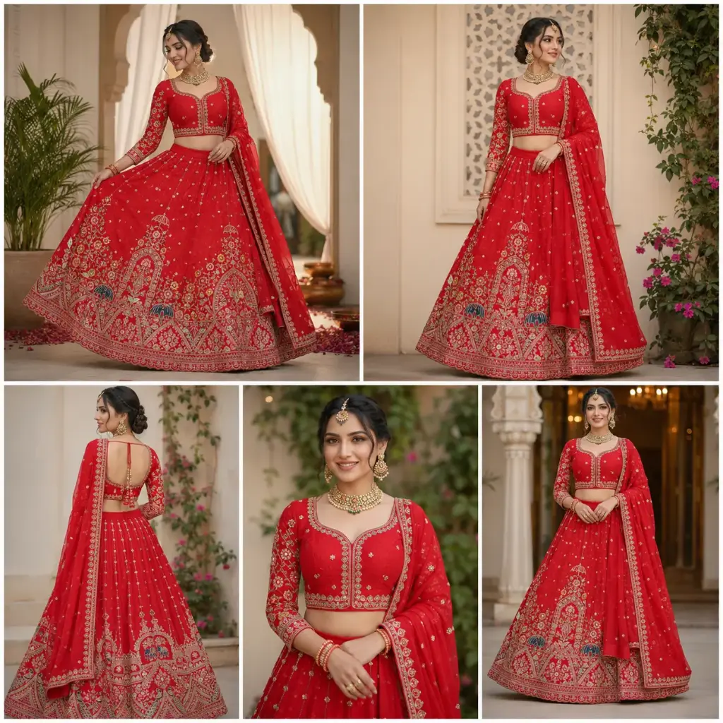 Women's Red Embroidered Bridal Lehenga Choli Set with Dupatta