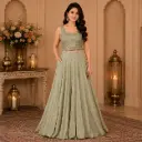 Women's Sage Green Embellished Lehenga Choli Set with Sequins Work Crop Top 