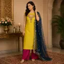 Women's Mustard Yellow Embroidered Kurta Pant Set with Navy Blue Net Dupatta & Magenta Straight Pants