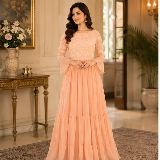 Women's Peach Embroidered Chiffon Gown, Elegant Floor Length Party Wear Dress