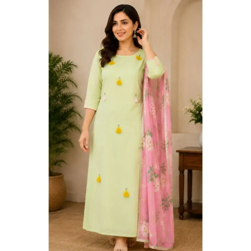 Women's Mint Green Kurta with Floral Dupatta Set | Elegant Straight Kurti