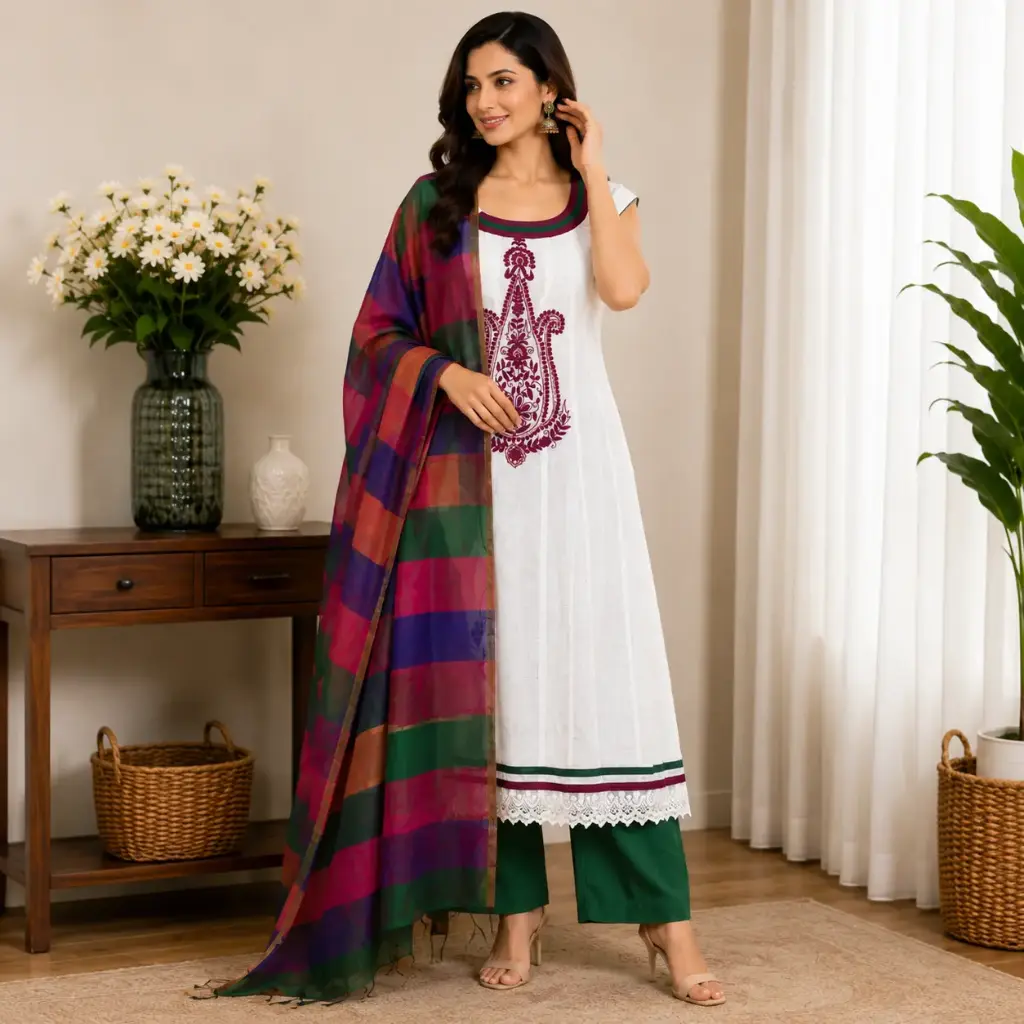 Women's White Embroidered Kurta Set with Green Palazzo & Multicolor Dupatta