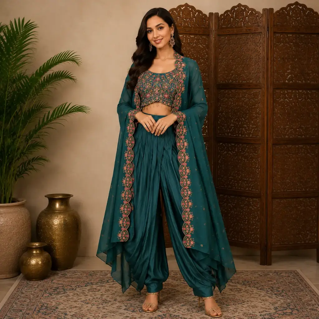 Women's Teal Embroidered Crop Top Dhoti Sharara Set with Dupatta