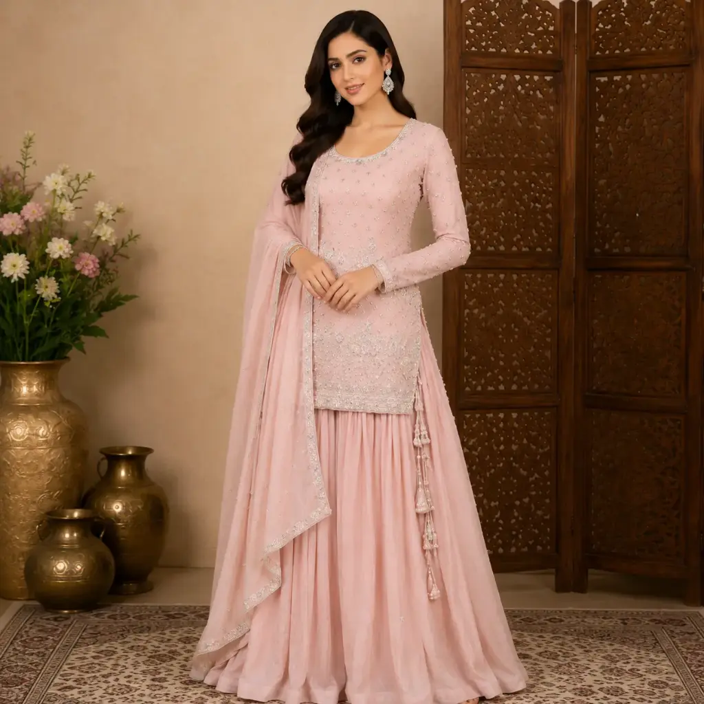 Women's Blush Pink Embroidered Kurta Sharara Set with Dupatta
