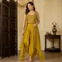 Mustard Yellow Embroidered Dhoti Style Kurta Set for Women with Floral Jacket Dupatta
