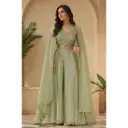 Women's Sage Green Indo Western Palazzo Set with Embroidered Crop Top