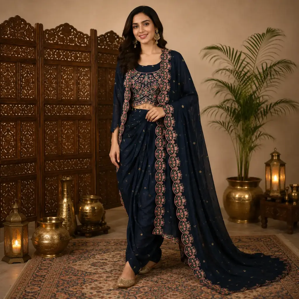 Women's Navy Blue Embroidered Blouse with Shrug & Dhoti Style Bottom Set