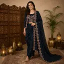 Women's Navy Blue Embroidered Blouse with Shrug & Dhoti Style Bottom Set
