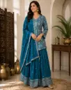 Women's Teal Blue Embroidered Kurti with Sharara & Dupatta Set