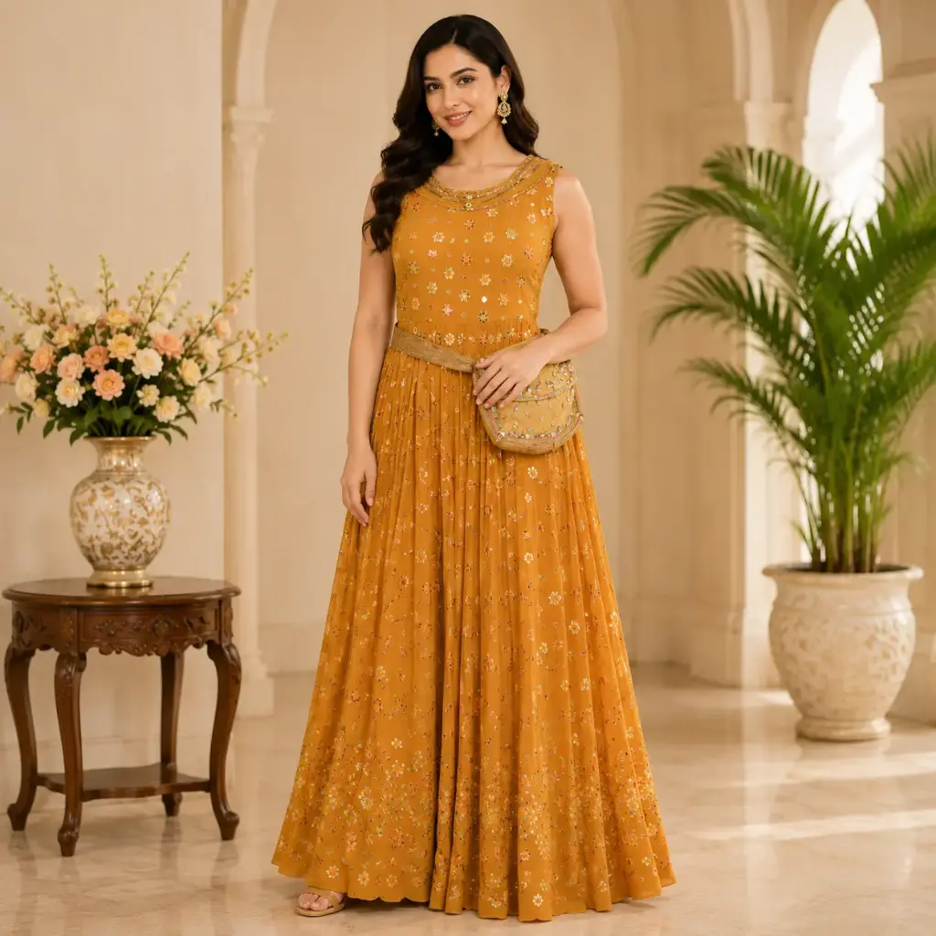 Women's Mustard Embroidered Maxi Gown with Potli Bag