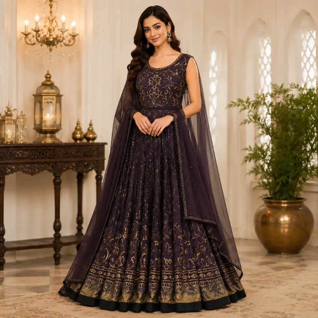 Elegant Purple & Gold Embroidered Anarkali Gown for Women with Net Dupatta