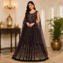 Elegant Purple & Gold Embroidered Anarkali Gown for Women with Net Dupatta