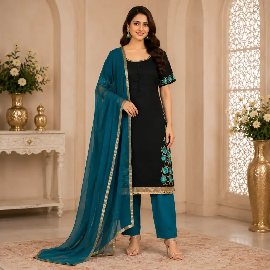 Black Teal Embroidered Kurta Pant Dupatta Set for Women | Ethnic Party Wear Straight Kurti