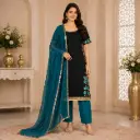 Black Teal Embroidered Kurta Pant Dupatta Set for Women | Ethnic Party Wear Straight Kurti