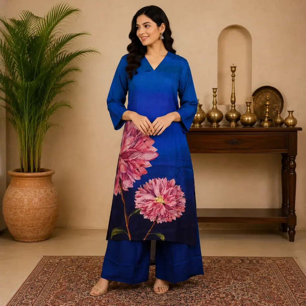 Women's Royal Blue Floral Printed Kurta Palazzo Set | Elegant V-Neck Ethnic Wear