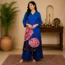 Women's Royal Blue Floral Printed Kurta Palazzo Set | Elegant V-Neck Ethnic Wear