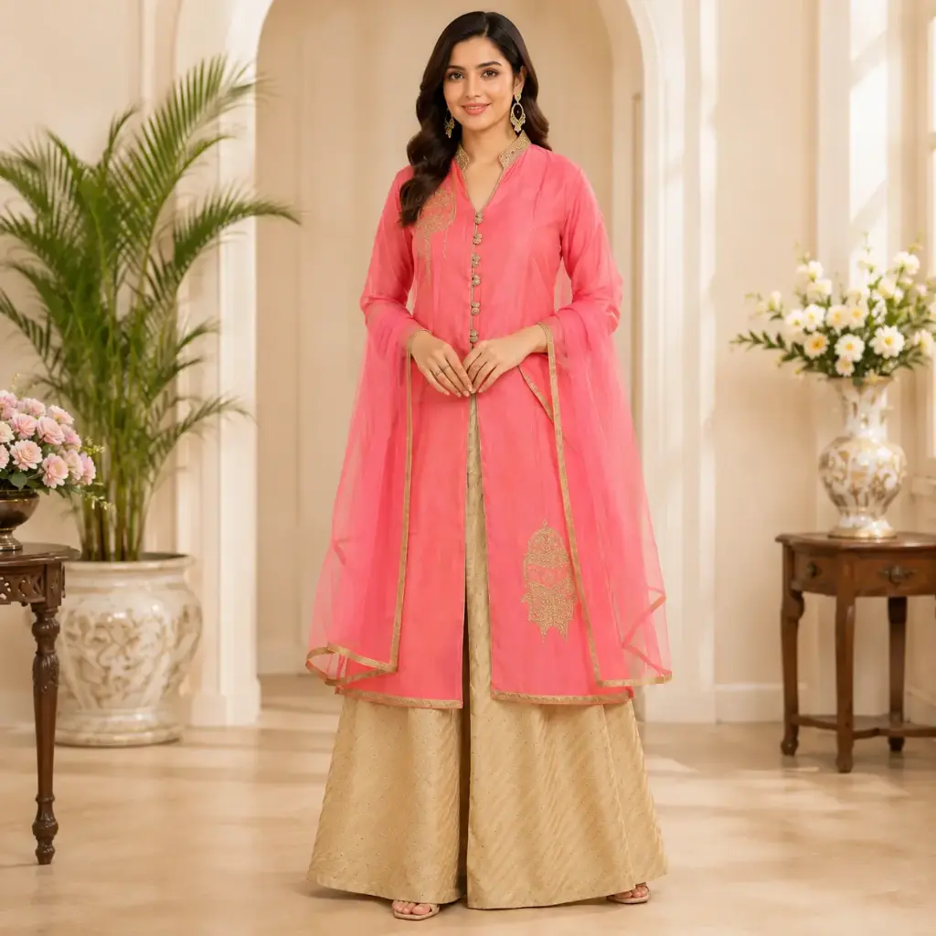 Women's Pink Embroidered Kurta Palazzo Set with Dupatta, Designer Ethnic Party Wear Suit