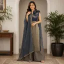 Women's Blue Grey Kurta Palazzo Set with Dupatta | Elegant Chevron Printed Ethnic Suit