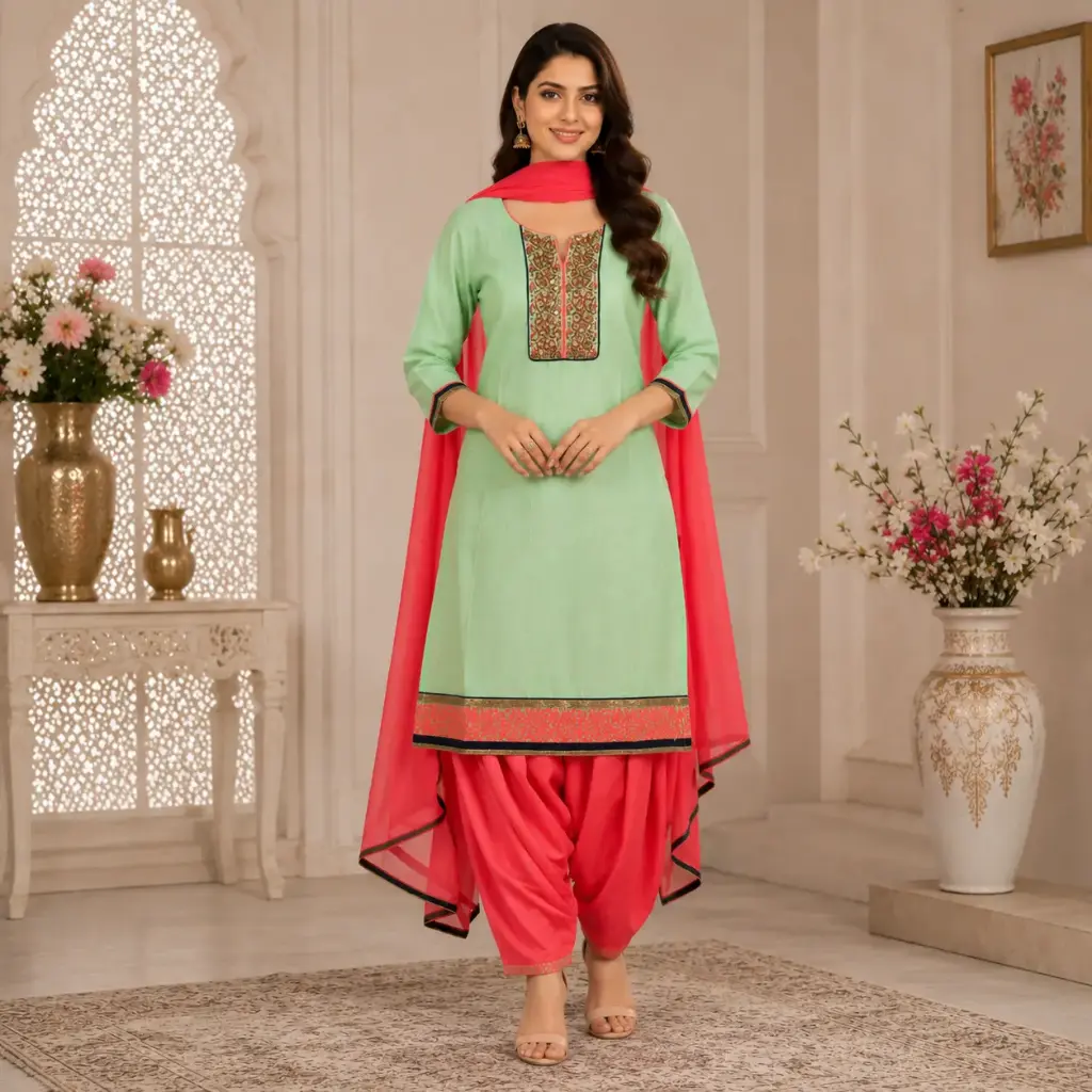 Women's Mint Green Kurta Set with Coral Patiala Salwar & Dupatta