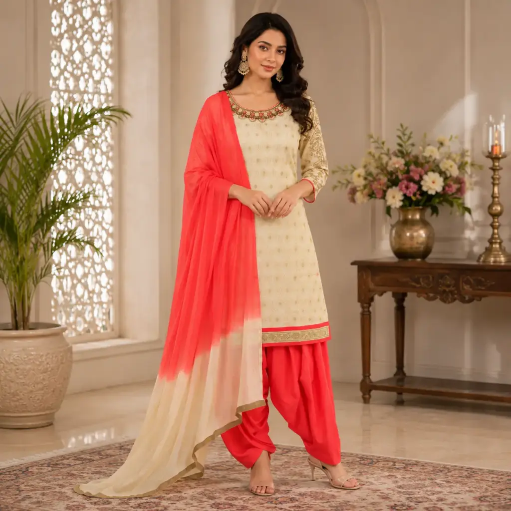 Cream Embroidered Kurta Patiala Set with Coral Ombre Dupatta