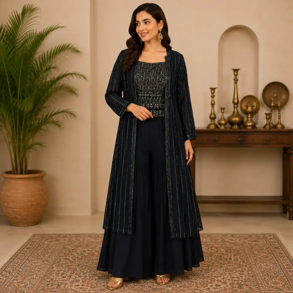 Women's Black Embroidered Kurta Palazzo Set with Shrug & Flowy Skirt