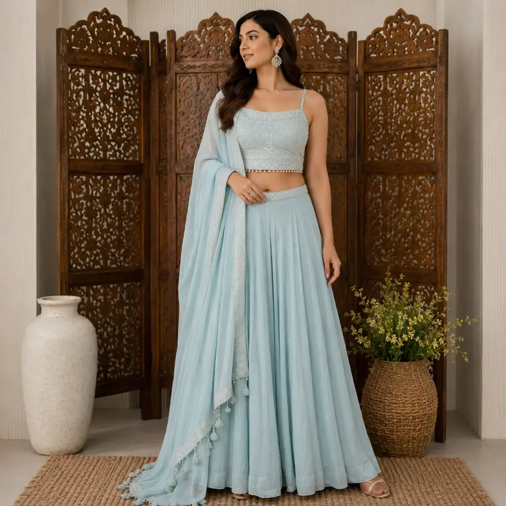 Women's Sky Blue Embroidered Lehenga Choli Set with Dupatta