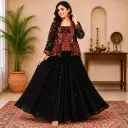Women's Black Embroidered Crop Top with Flared Skirt Co-Ord Set