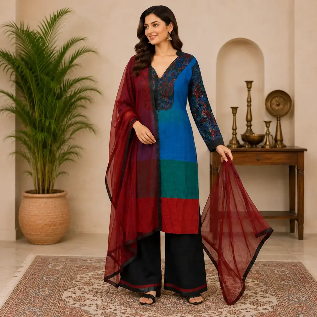 Women's Multicolor Embroidered Kurta Palazzo Set with Dupatta