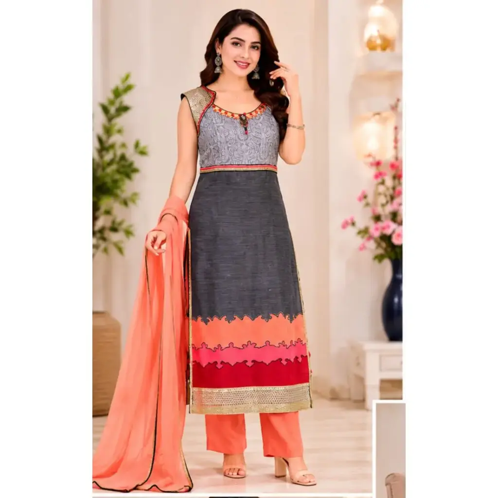 Women’s Grey Printed Straight Kurta Set with Peach Pants & Dupatta, Ethnic Party Wear Salwar Suit
