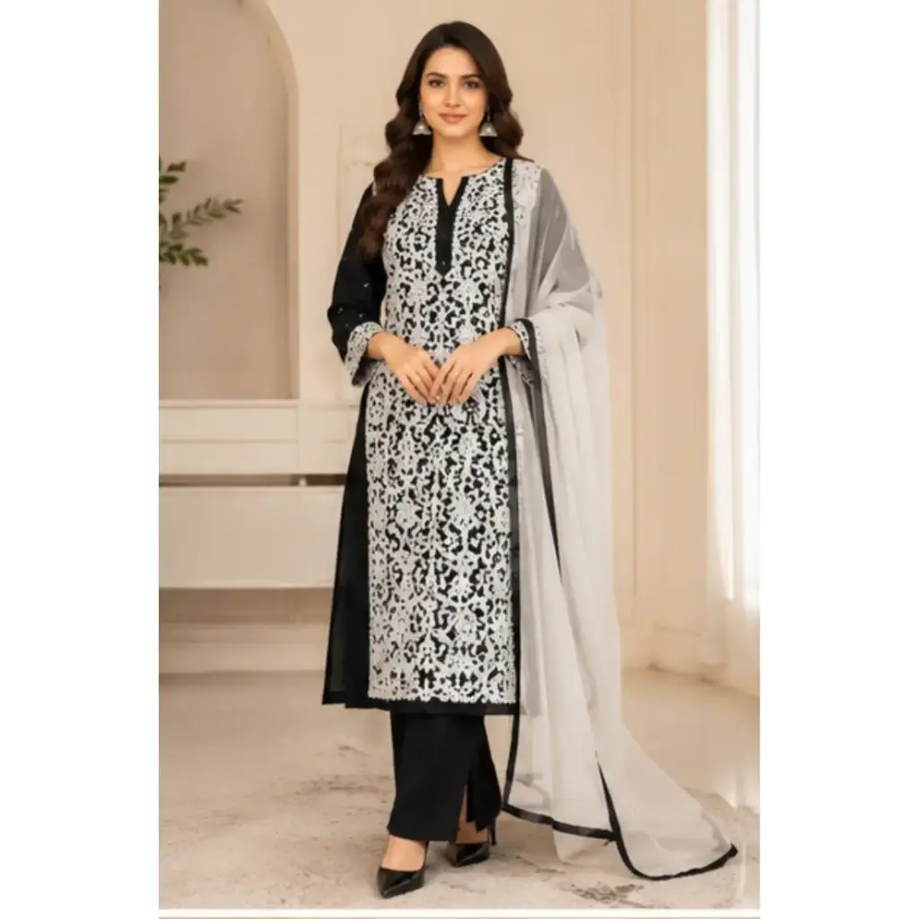 Women’s Black & White Embroidered Kurta Palazzo Set with Organza Dupatta