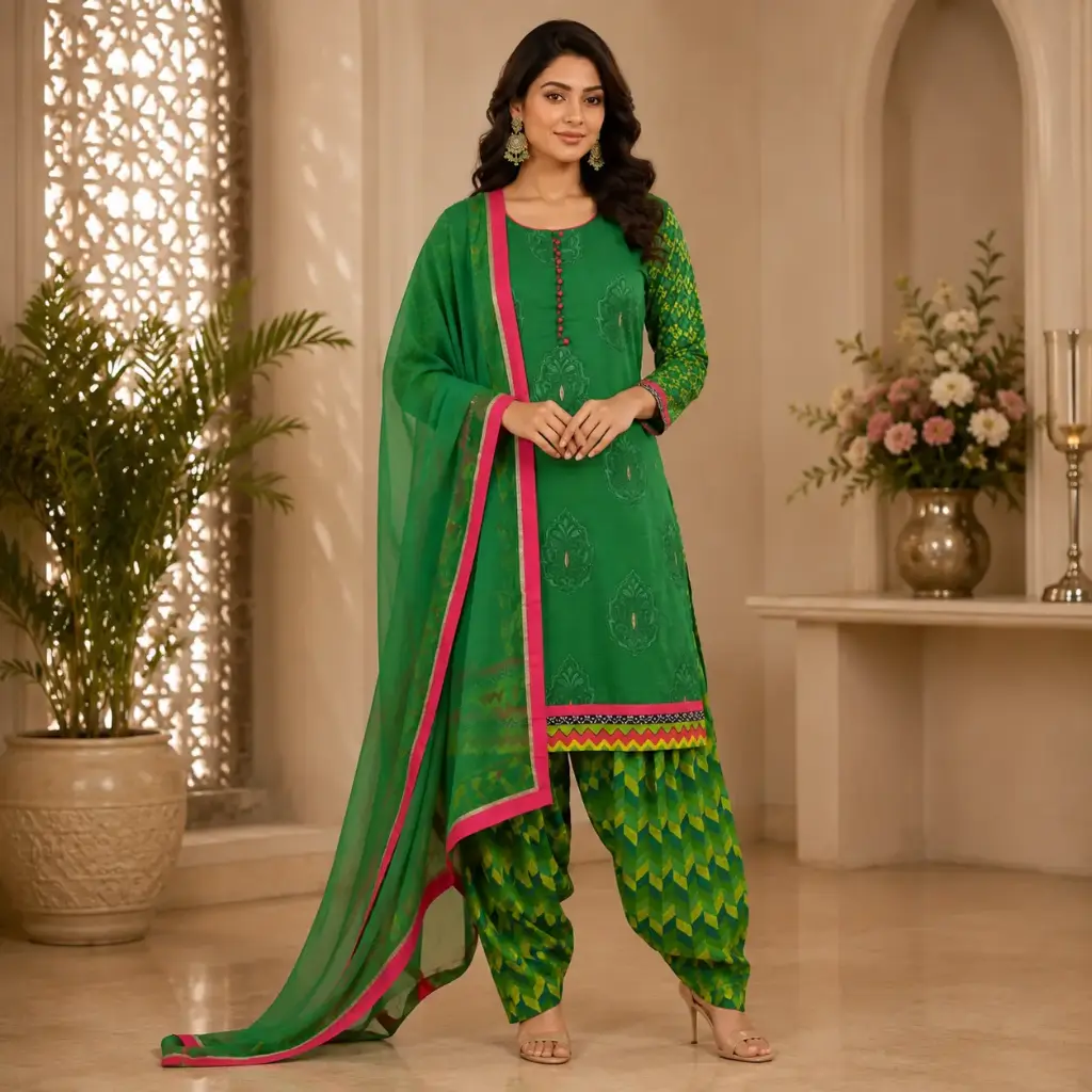 Green Embroidered Patiala Suit Set with Dupatta for Women, Punjabi Ethnic Wear