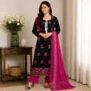 Black Embroidered Kurta Set with Magenta Dupatta & Matching Palazzo Pants