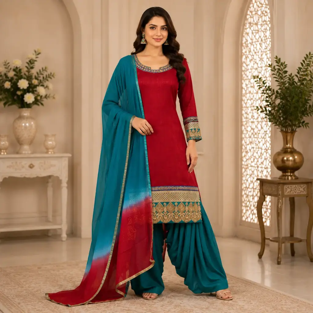 Women’s Red Kurta Teal Patiala Salwar Set with Ombre Dupatta
