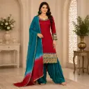 Women’s Red Kurta Teal Patiala Salwar Set with Ombre Dupatta