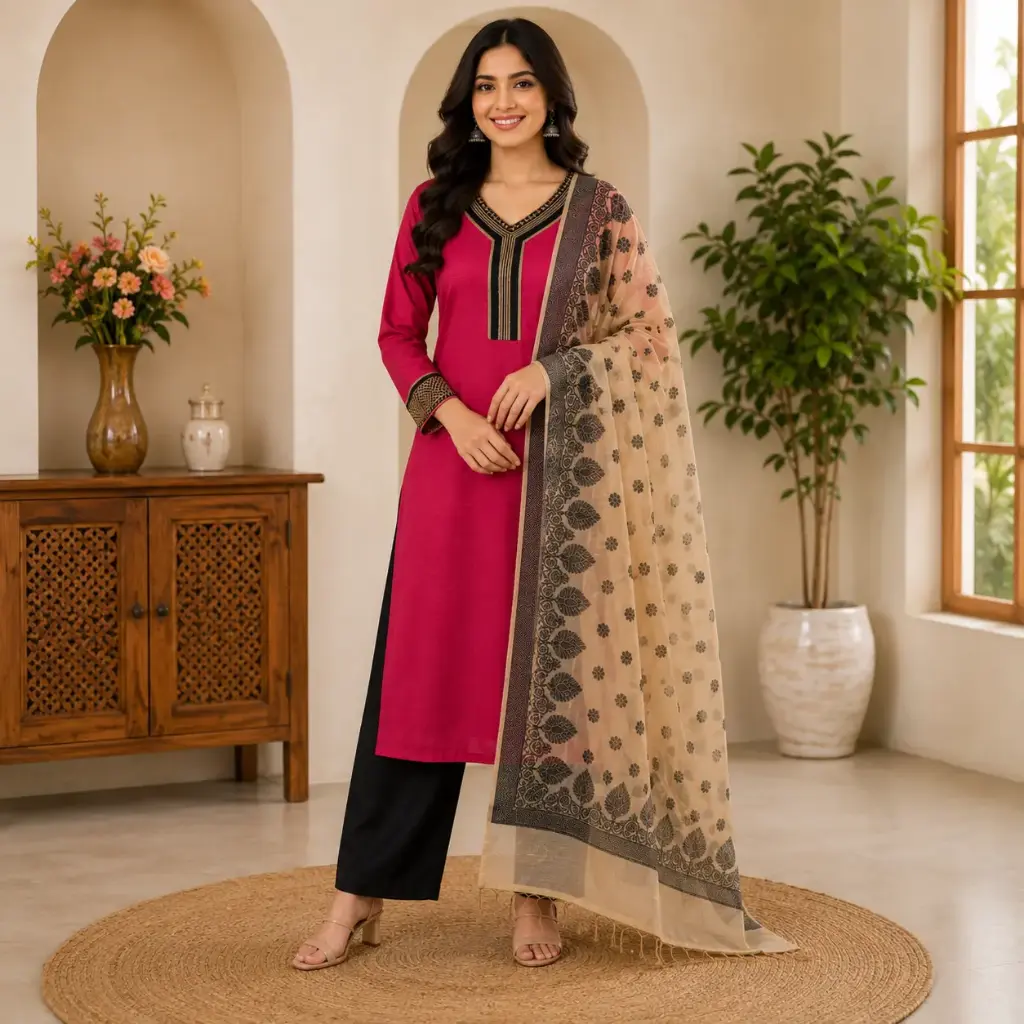 Women's Magenta Straight Kurta Pant Set with Beige Printed Dupatta, Designer Ethnic Wear