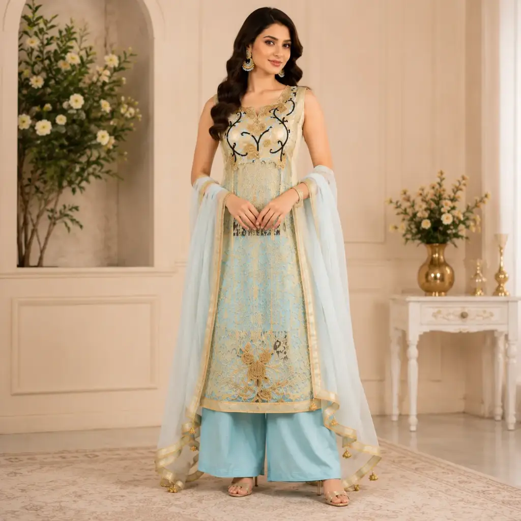 Women’s Sky Blue & Gold Embroidered Palazzo Suit Set with Organza Dupatta