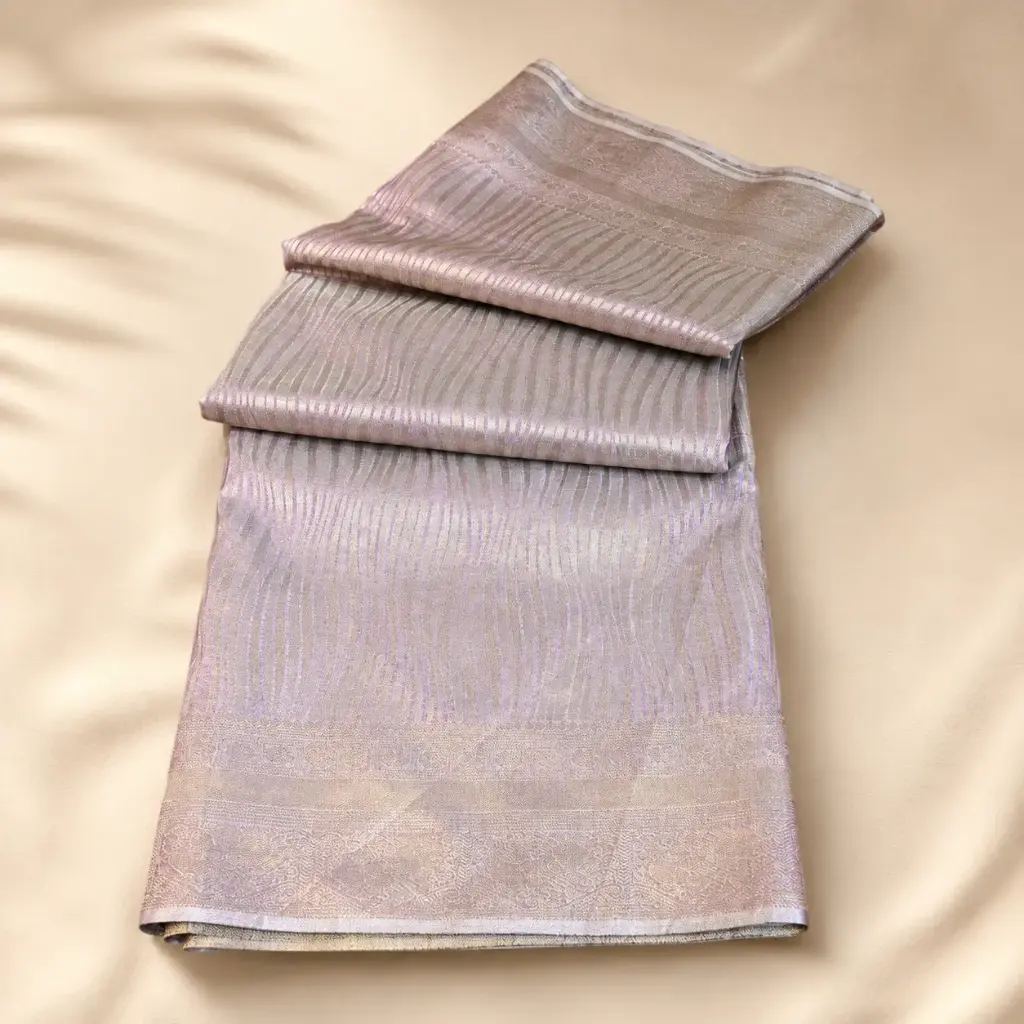 Elegant Cream Gold Banarasi Style Saree with Chevron Zari Weave and Lotus Border