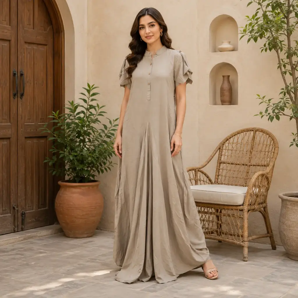 Women's Beige Flared Maxi Dress with Mandarin Collar and Designer Sleeves