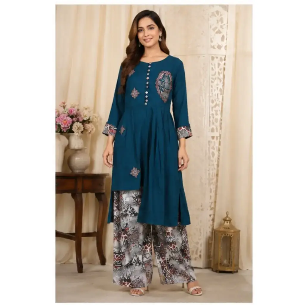Women's Teal Embroidered Salwar Suit Set with Printed Palazzo Pants