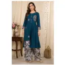 Women's Teal Embroidered Salwar Suit Set with Printed Palazzo Pants