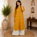 Mustard Yellow Embroidered Kurta with White Palazzo Set for Women