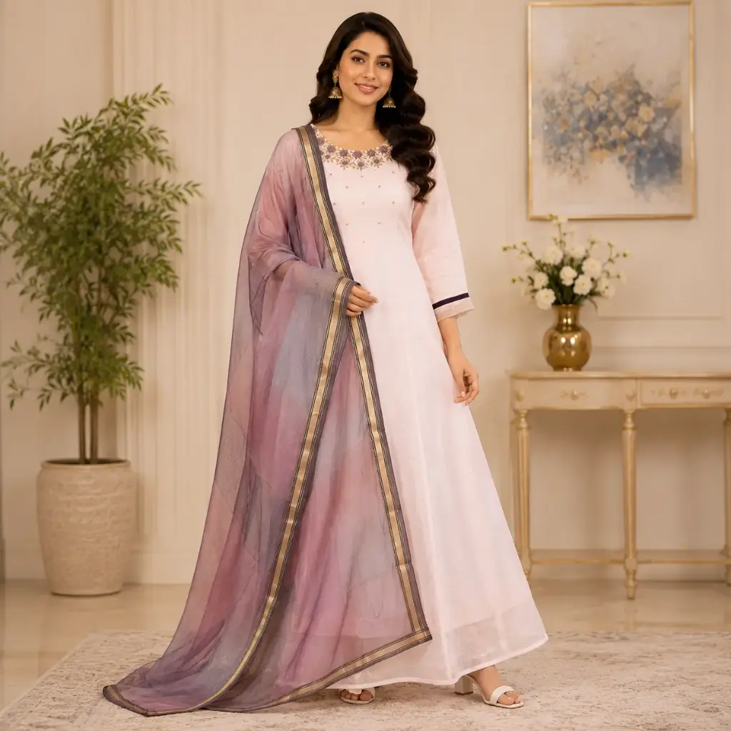 Women’s Blush Pink Embroidered Anarkali Gown with Organza Dupatta