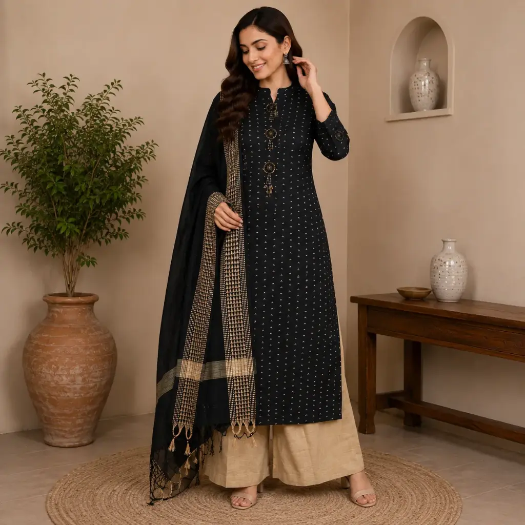 Women's Black Ethnic Kurta Set with Dupatta & Palazzo | Elegant Party Wear Salwar