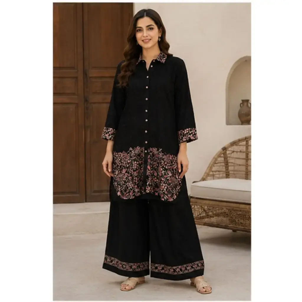 Women's Black Embroidered Co-Ord Set with Designer Kurti and Wide Leg Palazzo Pants