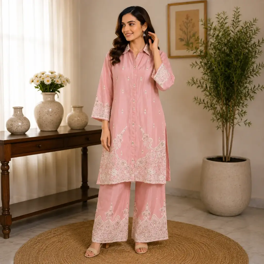 Elegant Pink Embroidered Co-Ord Set for Women with Straight Kurta and Palazzo Pants