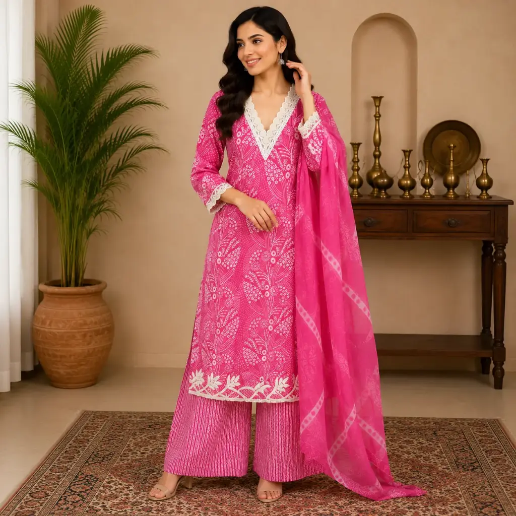 Women's Pink Floral Printed Kurta Palazzo Set with Dupatta | Elegant Ethnic Suit for Festive