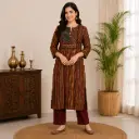 Women's Rust Striped Kurti with Maroon Pant Set, Ethnic Straight Kurta Co-Ord Outfit