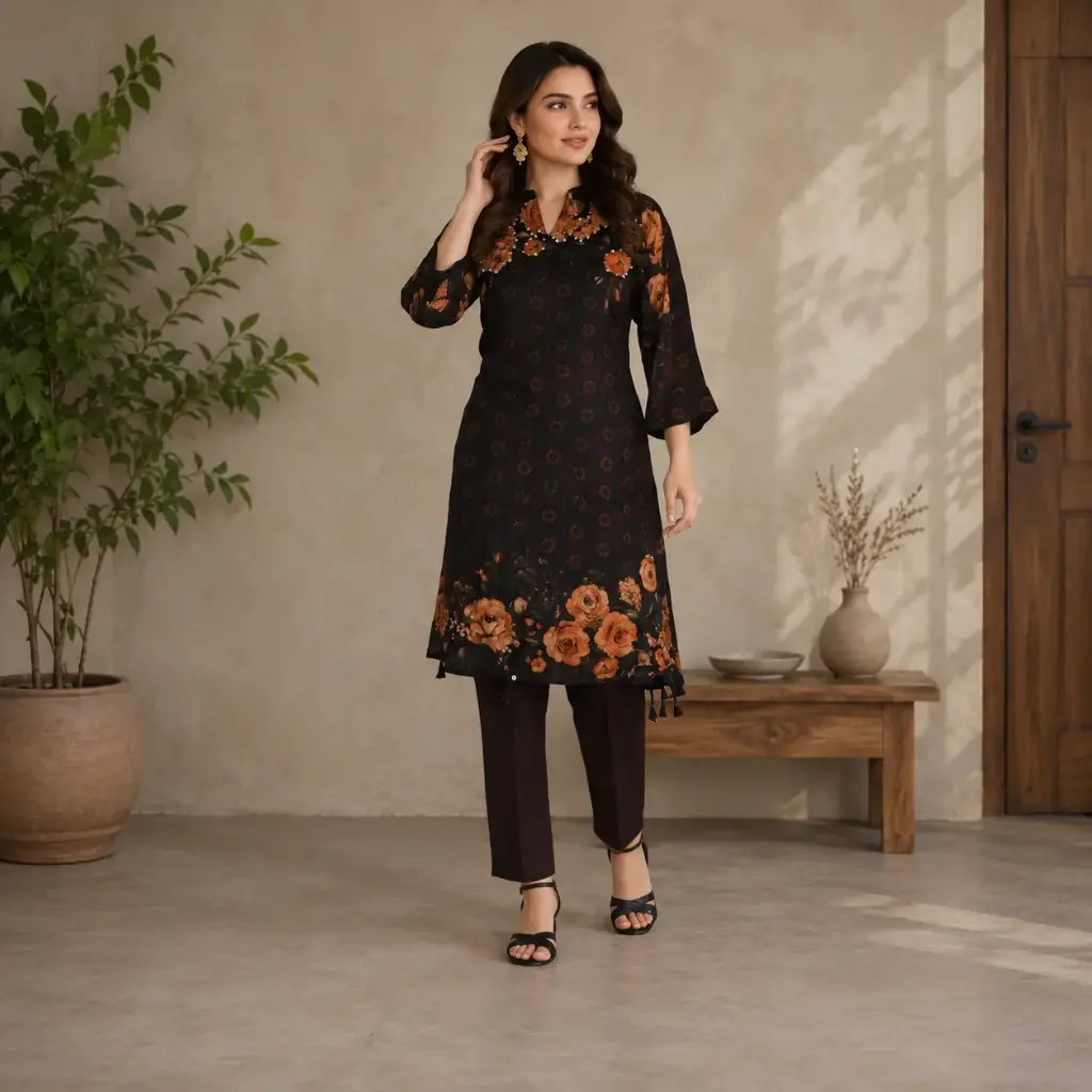 Women's Floral Printed Straight Kurti Pant Set | Elegant Ethnic Wear with 3/4 Sleeves